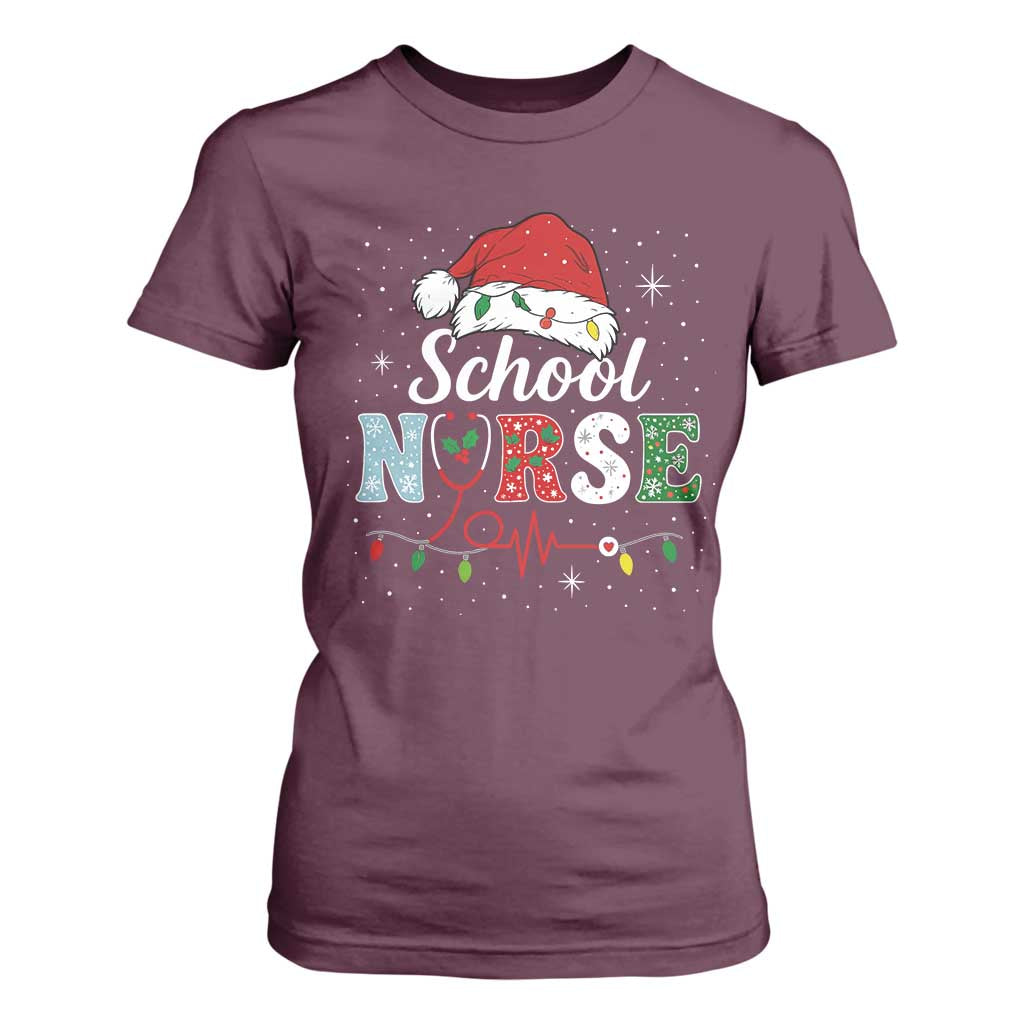 Christmas School Nurse T Shirt For Women Xmas Lights Red Santa Hat Crew Nurse - Print Your Wear