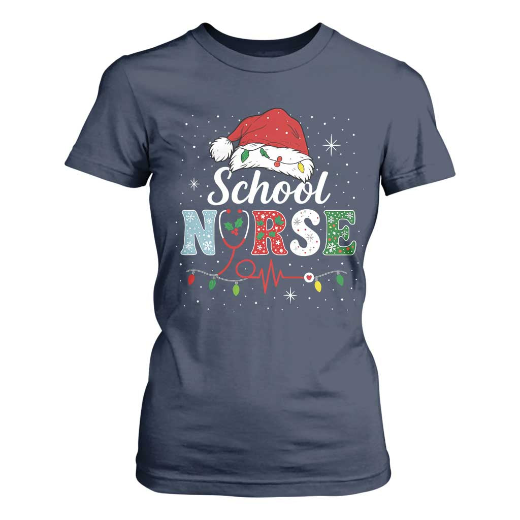 Christmas School Nurse T Shirt For Women Xmas Lights Red Santa Hat Crew Nurse TS10 Navy Print Your Wear