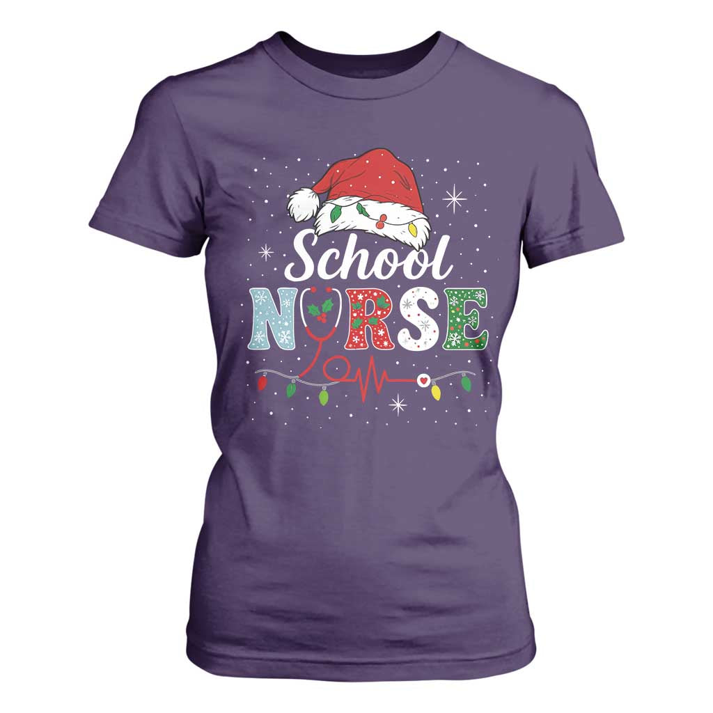 Christmas School Nurse T Shirt For Women Xmas Lights Red Santa Hat Crew Nurse - Print Your Wear