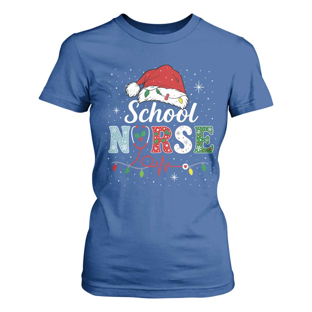 Christmas School Nurse T Shirt For Women Xmas Lights Red Santa Hat Crew Nurse - Print Your Wear