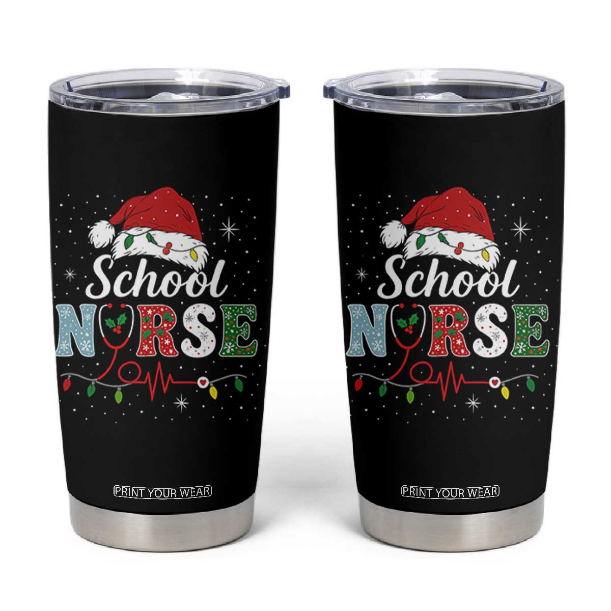 Christmas School Nurse Tumbler Cup Xmas Lights Red Santa Hat Crew Nurse - Print Your Wear