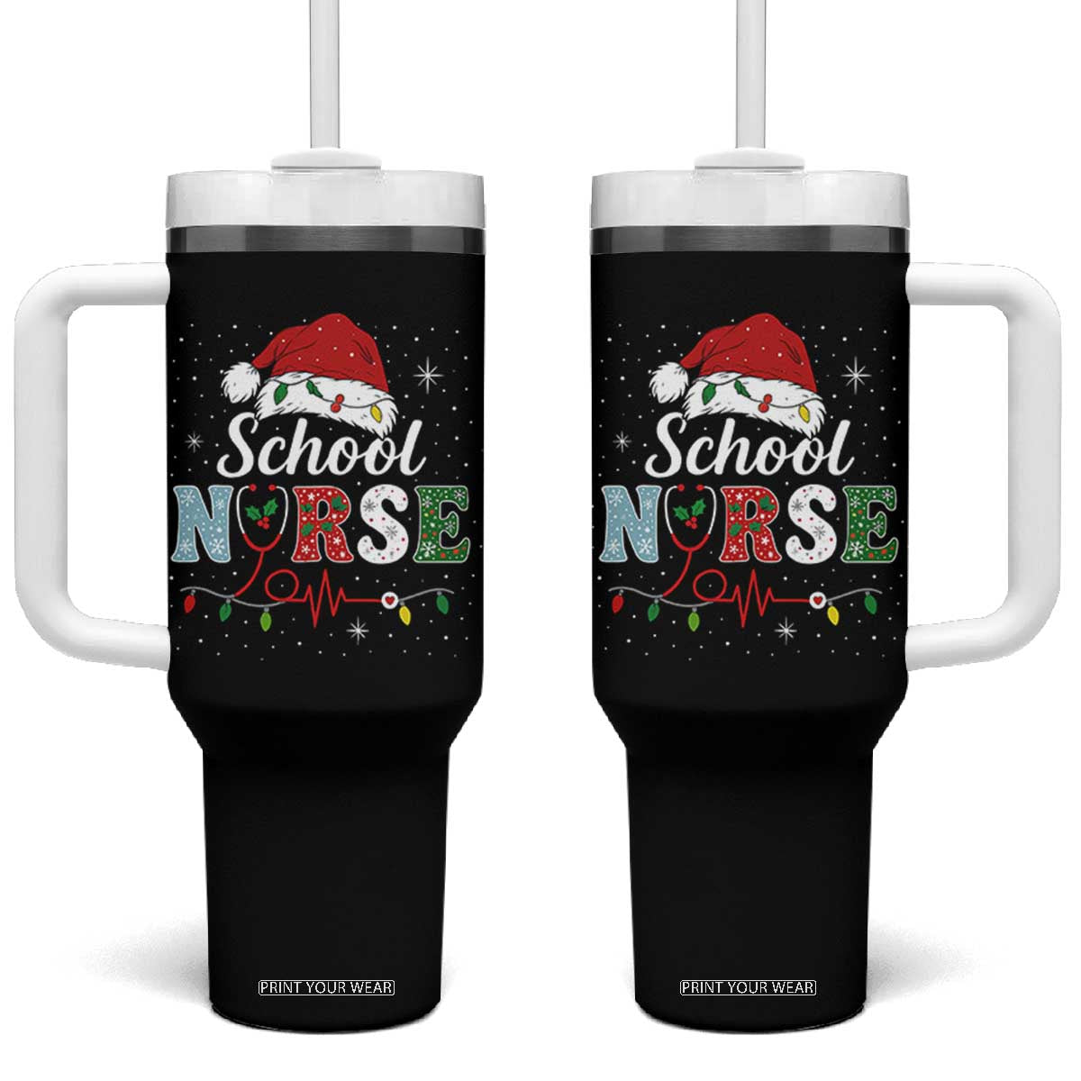 Christmas School Nurse Tumbler With Handle Xmas Lights Red Santa Hat Crew Nurse - Print Your Wear