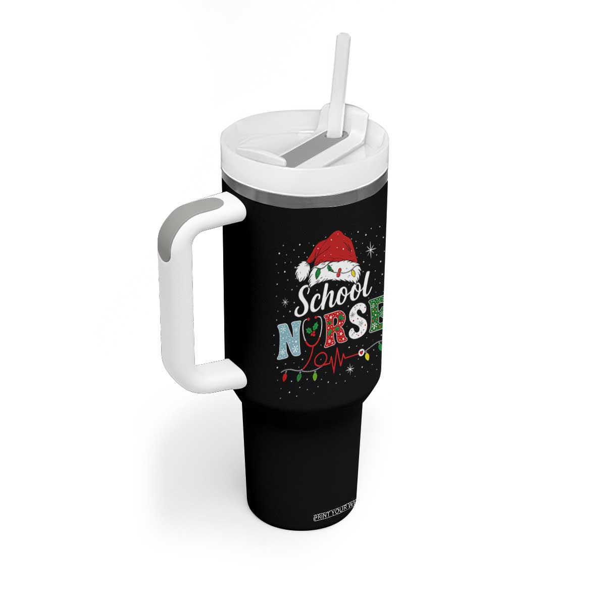 Christmas School Nurse Tumbler With Handle Xmas Lights Red Santa Hat Crew Nurse - Print Your Wear