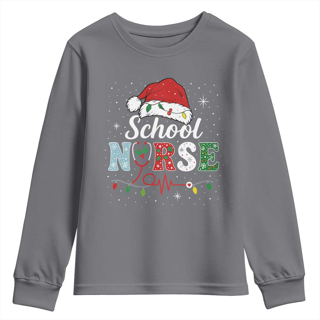 Christmas School Nurse Youth Sweatshirt Xmas Lights Red Santa Hat Crew Nurse - Print Your Wear