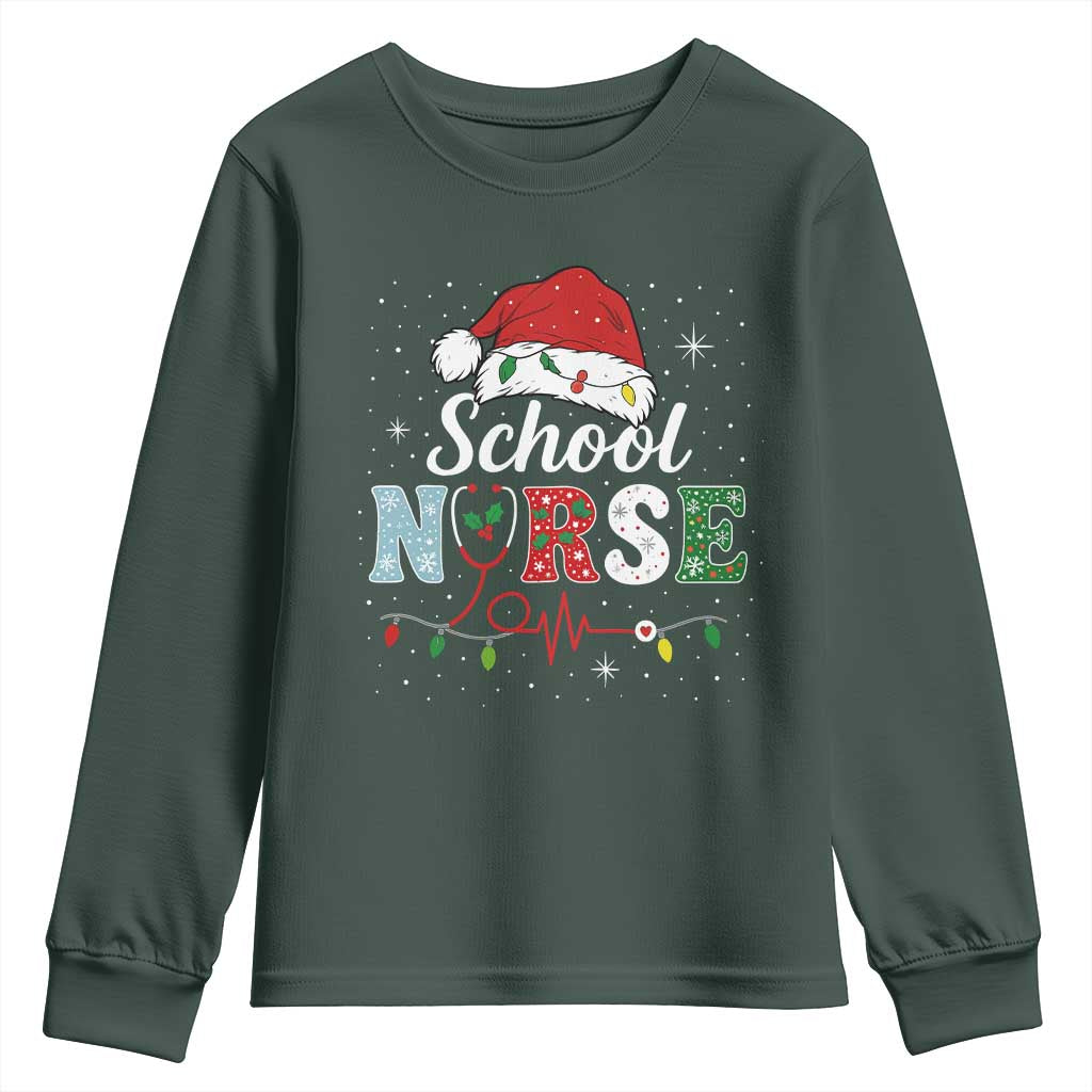 Christmas School Nurse Youth Sweatshirt Xmas Lights Red Santa Hat Crew Nurse - Print Your Wear