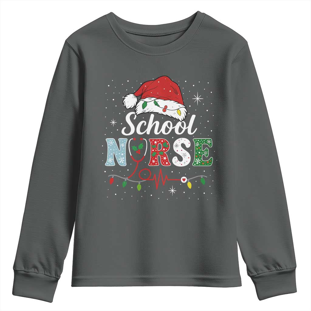 Christmas School Nurse Youth Sweatshirt Xmas Lights Red Santa Hat Crew Nurse TS10 Dark Heather Print Your Wear