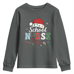 Christmas School Nurse Youth Sweatshirt Xmas Lights Red Santa Hat Crew Nurse TS10 Dark Heather Print Your Wear