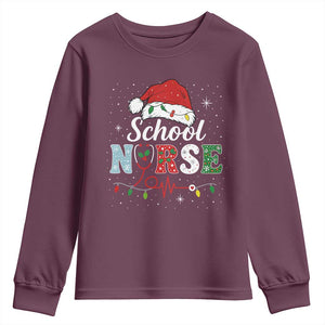 Christmas School Nurse Youth Sweatshirt Xmas Lights Red Santa Hat Crew Nurse TS10 Maroon Print Your Wear