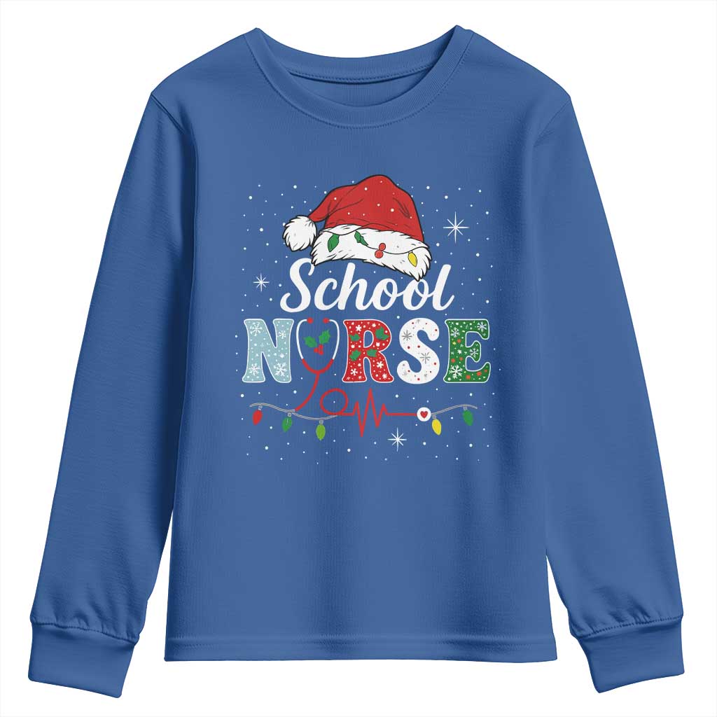 Christmas School Nurse Youth Sweatshirt Xmas Lights Red Santa Hat Crew Nurse TS10 Royal Blue Print Your Wear