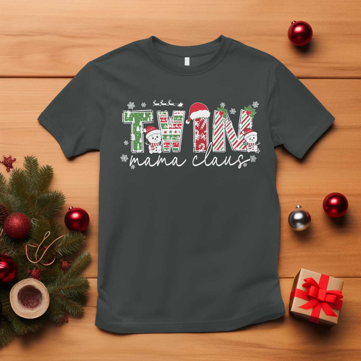 Christmas Twin Mama Claus T Shirt Pregnancy Announcement TS10 Dark Heather Print Your Wear