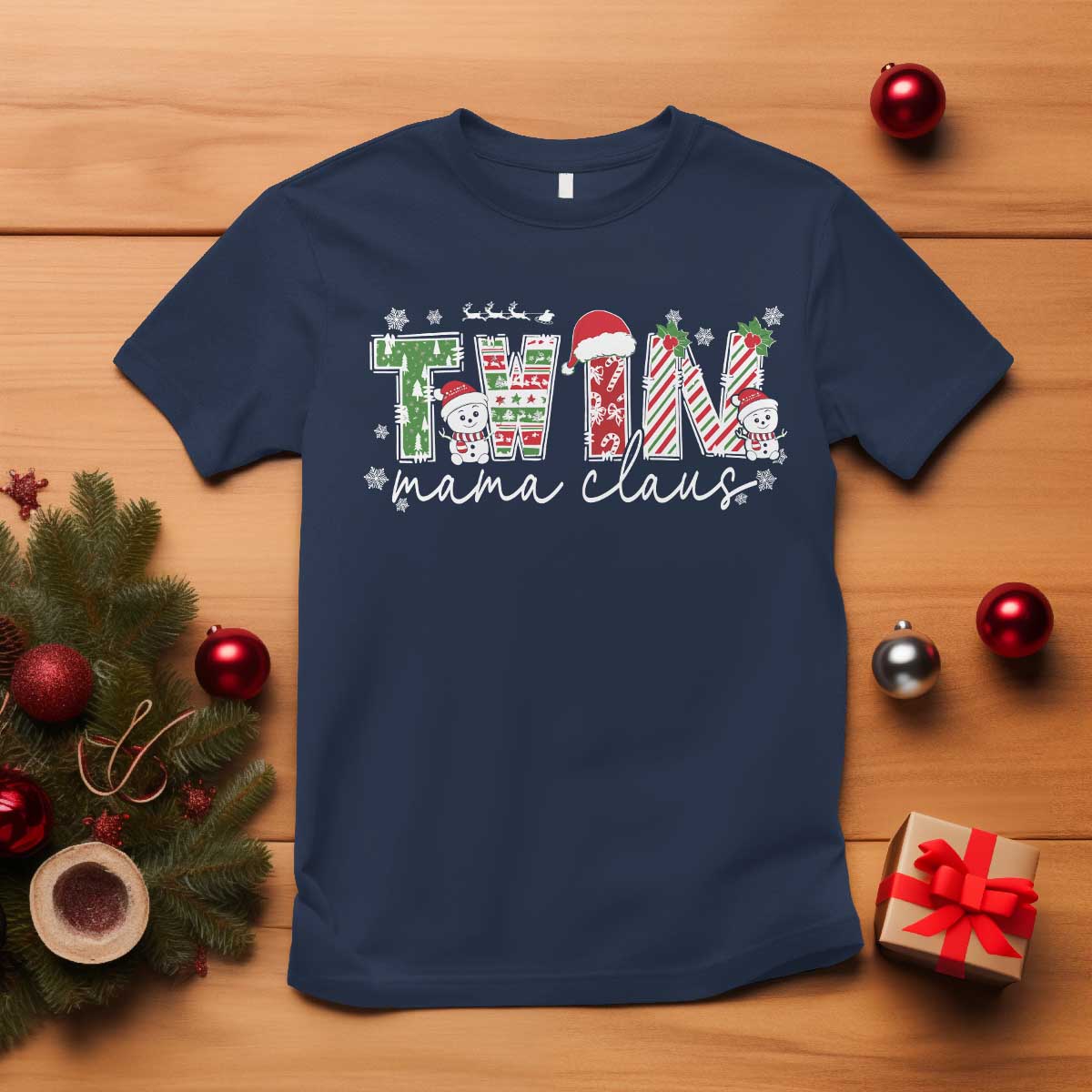 Christmas Twin Mama Claus T Shirt Pregnancy Announcement TS10 Navy Print Your Wear