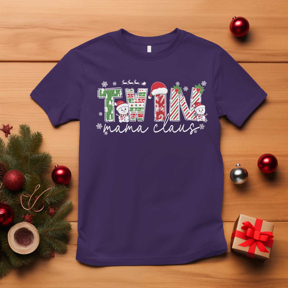 Christmas Twin Mama Claus T Shirt Pregnancy Announcement TS10 Purple Print Your Wear
