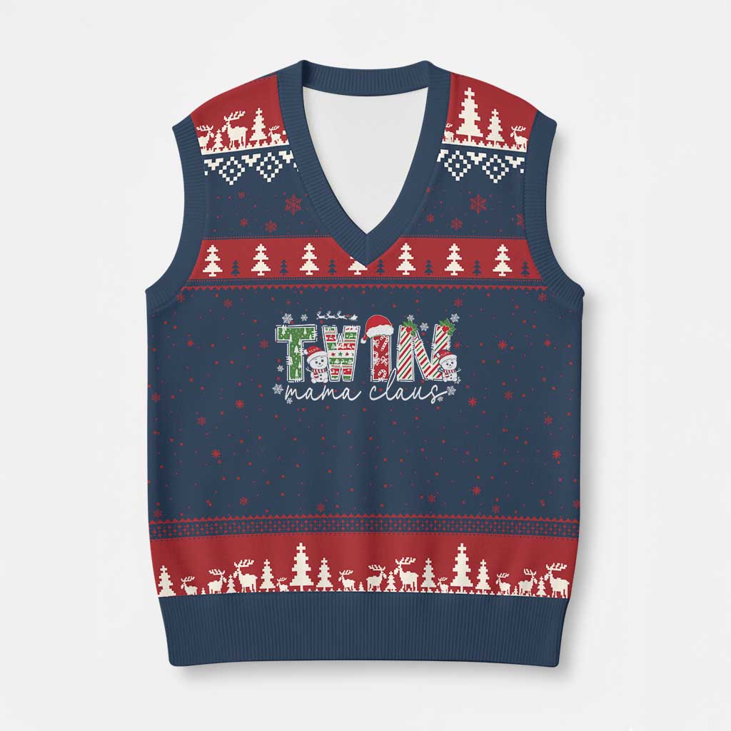 Christmas Twin Mama Claus V-Neck Knit Sweater Vest Pregnancy Announcement TS10 Navy Red Print Your Wear