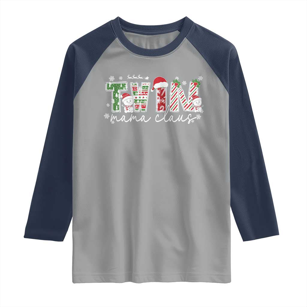 Christmas Twin Mama Claus Raglan Shirt Pregnancy Announcement TS10 Sport Gray Navy Print Your Wear