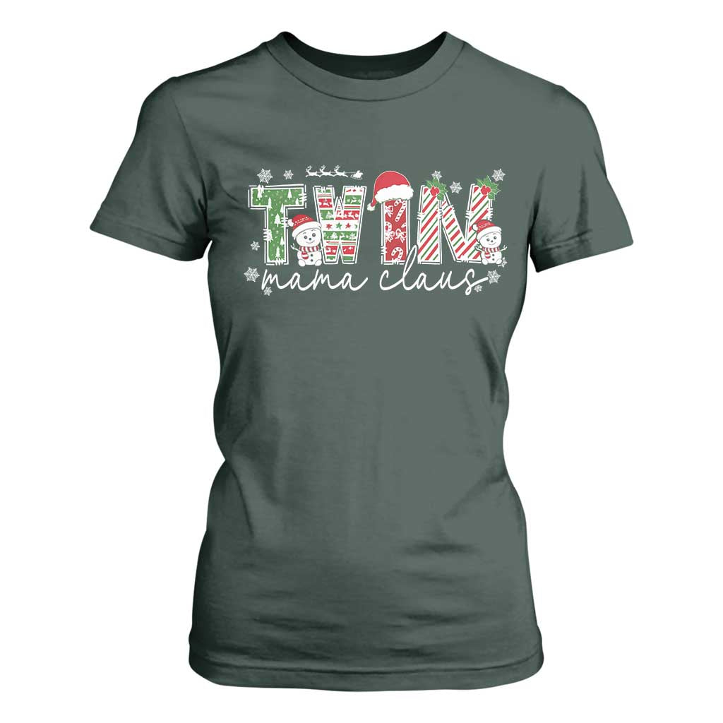 Christmas Twin Mama Claus T Shirt For Women Pregnancy Announcement TS10 Dark Forest Green Print Your Wear