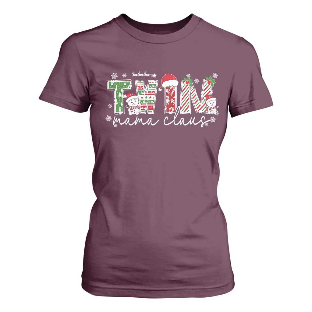 Christmas Twin Mama Claus T Shirt For Women Pregnancy Announcement TS10 Maroon Print Your Wear