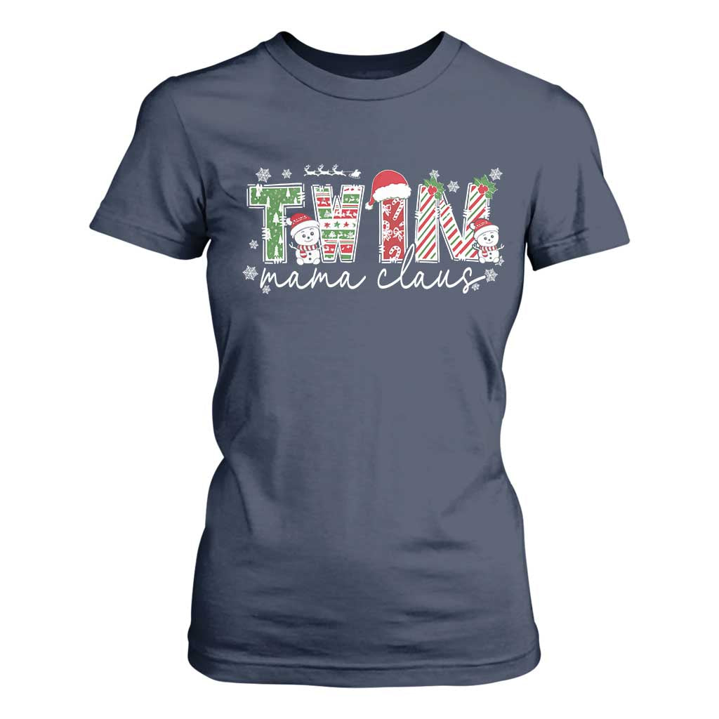 Christmas Twin Mama Claus T Shirt For Women Pregnancy Announcement TS10 Navy Print Your Wear