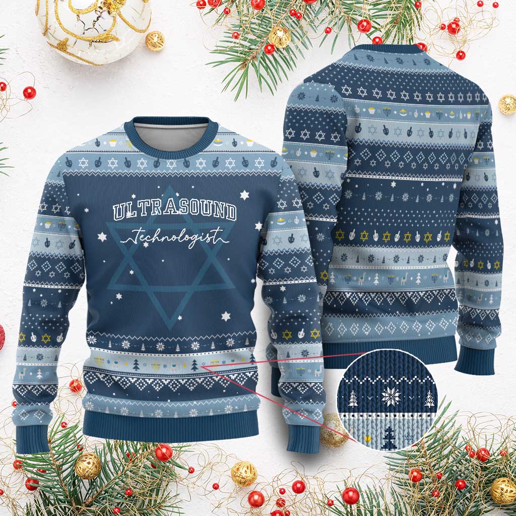 Ultrasound Tech Hanukkah Ugly Sweater Technologist Gift Sonographer Sonography Student TS10 Navy Light Blue Print Your Wear