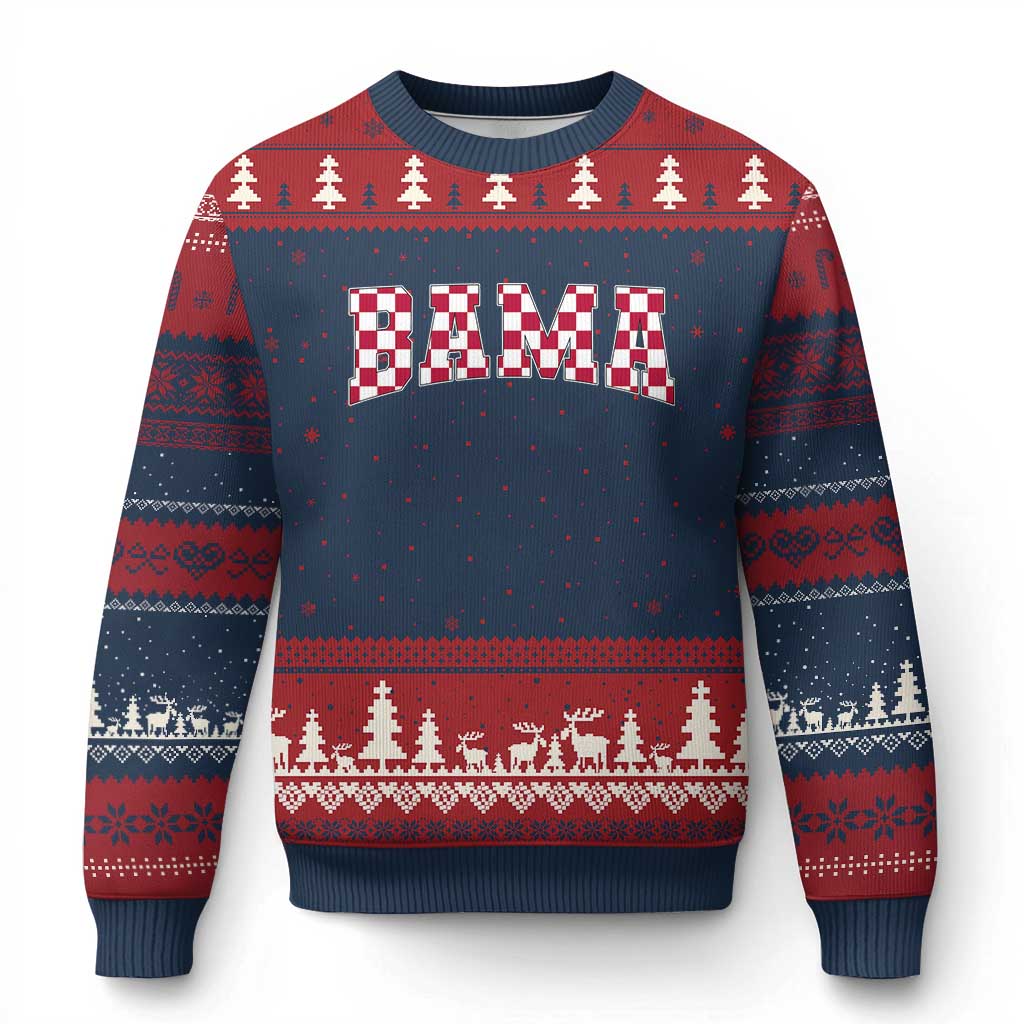 Vintage Bama Ugly Christmas Sweater Retro Checkered Varsity Alabama Lover AL State - Print Your Wear