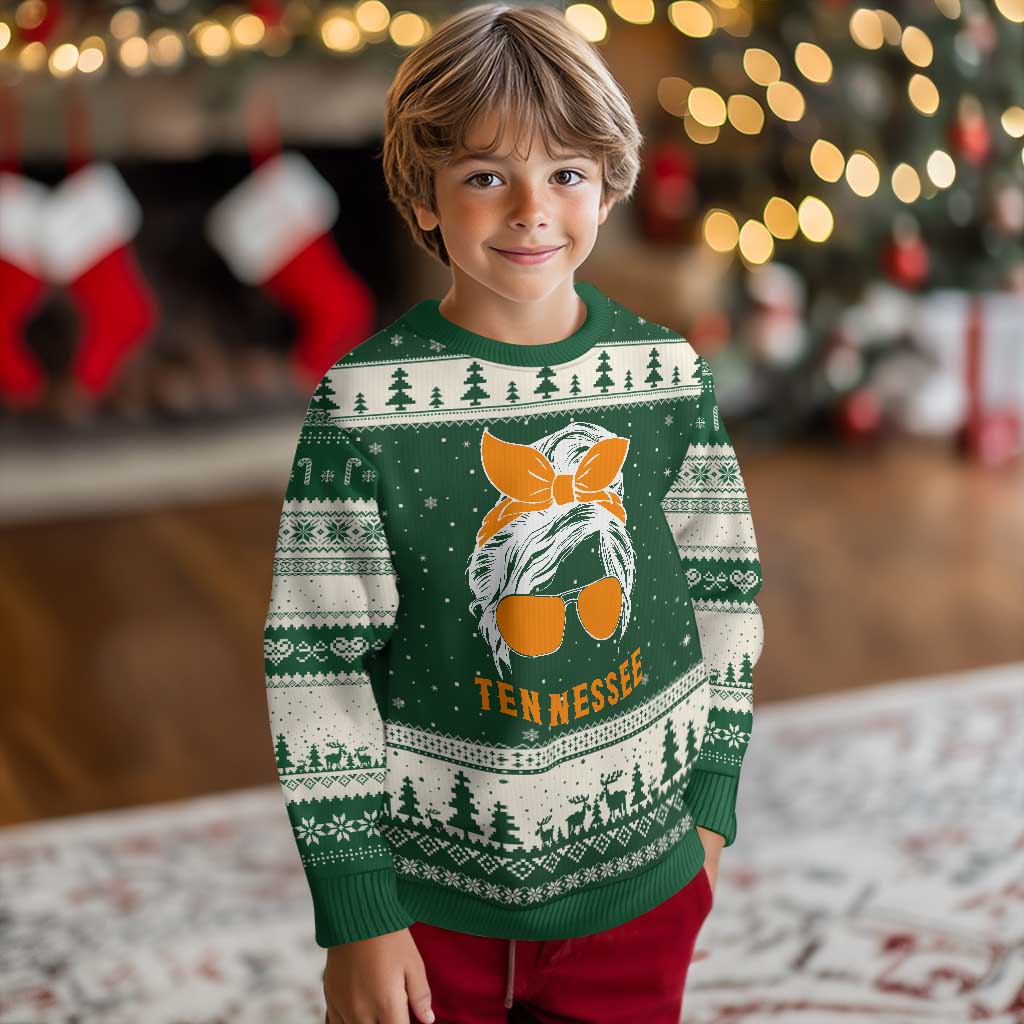 Tennessee Fan Ugly Christmas Sweater Volunteers College Football Lover Game Day Messy Bun TS10 Forest Green Beige Print Your Wear