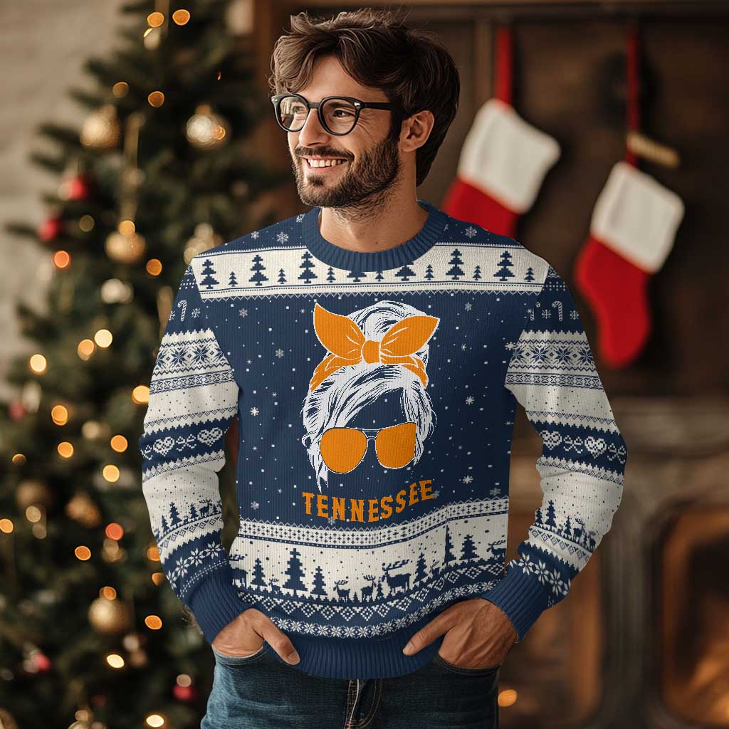 Tennessee Fan Ugly Christmas Sweater Volunteers College Football Lover Game Day Messy Bun TS10 Navy Beige Print Your Wear