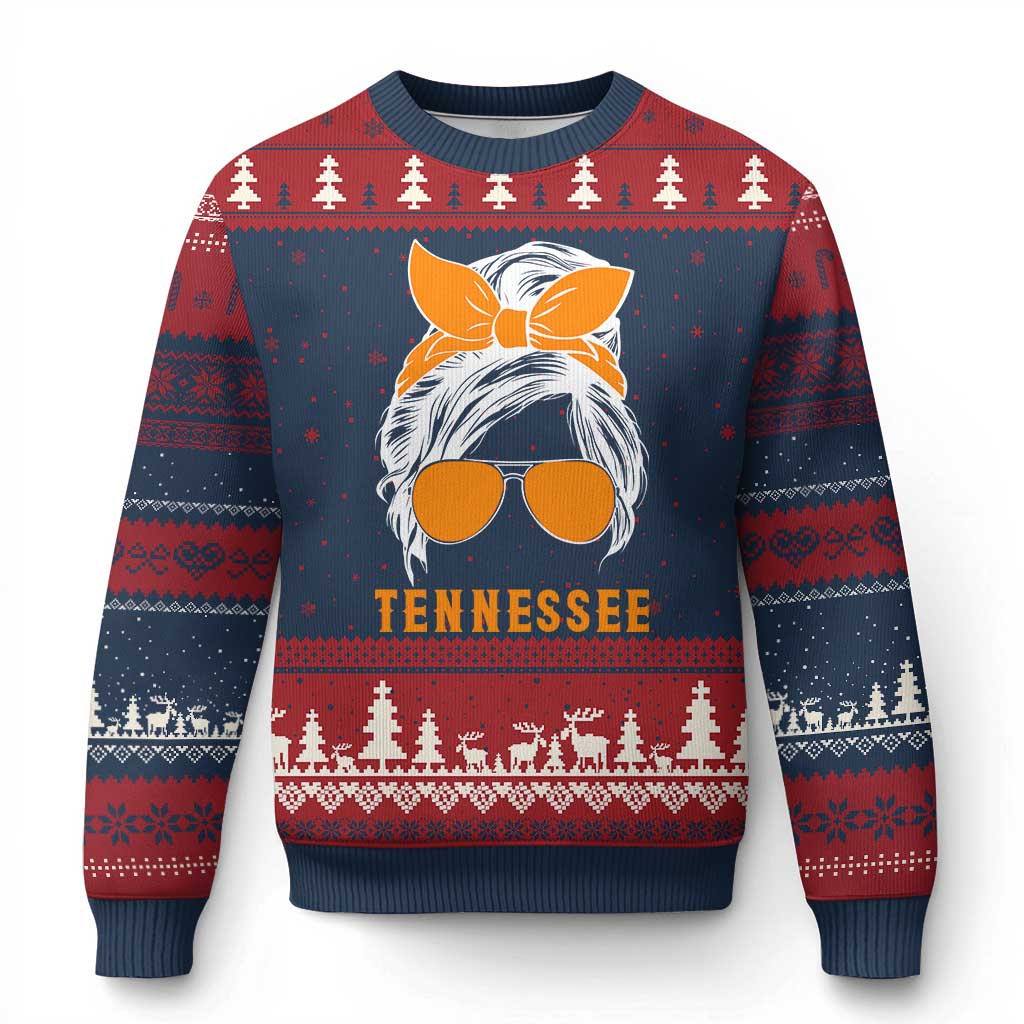Tennessee Fan Ugly Christmas Sweater Volunteers College Football Lover Game Day Messy Bun TS10 Navy Red Print Your Wear
