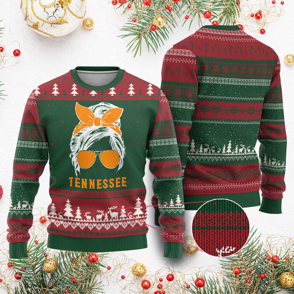 Tennessee Fan Ugly Christmas Sweater Volunteers College Football Lover Game Day Messy Bun TS10 Red Green Print Your Wear