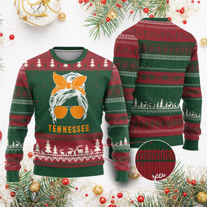 Tennessee Fan Ugly Christmas Sweater Volunteers College Football Lover Game Day Messy Bun TS10 Red Green Print Your Wear