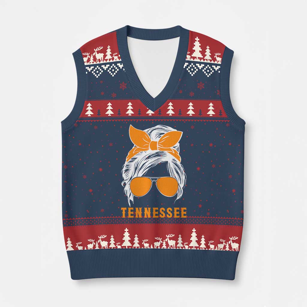 Tennessee Fan V-Neck Knit Sweater Vest Volunteers College Football Lover Game Day Messy Bun TS10 Navy Red Print Your Wear