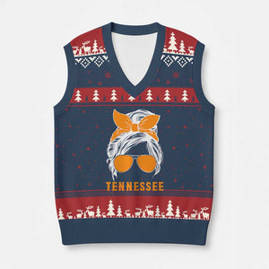 Tennessee Fan V-Neck Knit Sweater Vest Volunteers College Football Lover Game Day Messy Bun TS10 Navy Red Print Your Wear