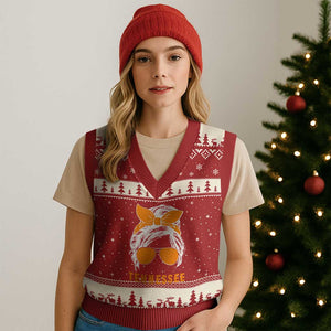 Tennessee Fan V-Neck Knit Sweater Vest Volunteers College Football Lover Game Day Messy Bun TS10 Red Beige Print Your Wear