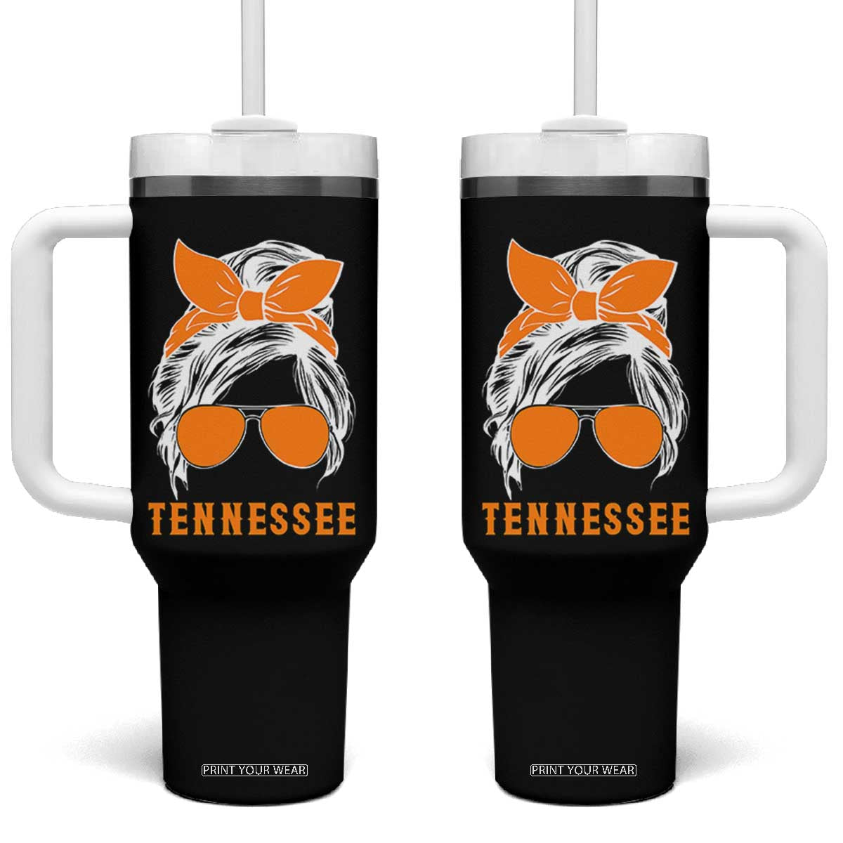 Tennessee Fan Tumbler With Handle Volunteers College Football Lover Game Day Messy Bun TS10 One Size: 40 oz Black Print Your Wear