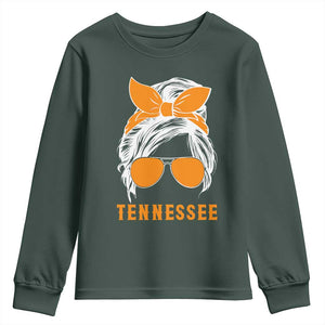 Tennessee Fan Youth Sweatshirt Volunteers College Football Lover Game Day Messy Bun TS10 Dark Forest Green Print Your Wear