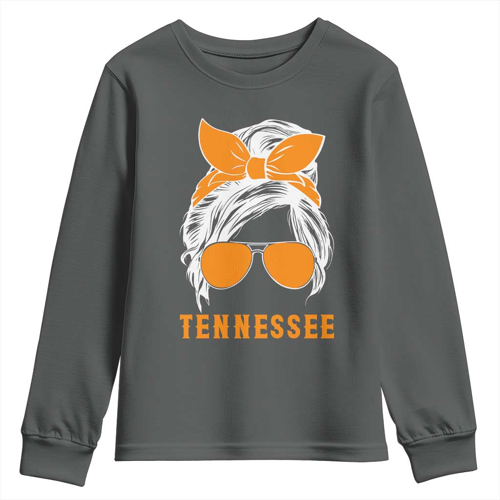 Tennessee Fan Youth Sweatshirt Volunteers College Football Lover Game Day Messy Bun TS10 Dark Heather Print Your Wear