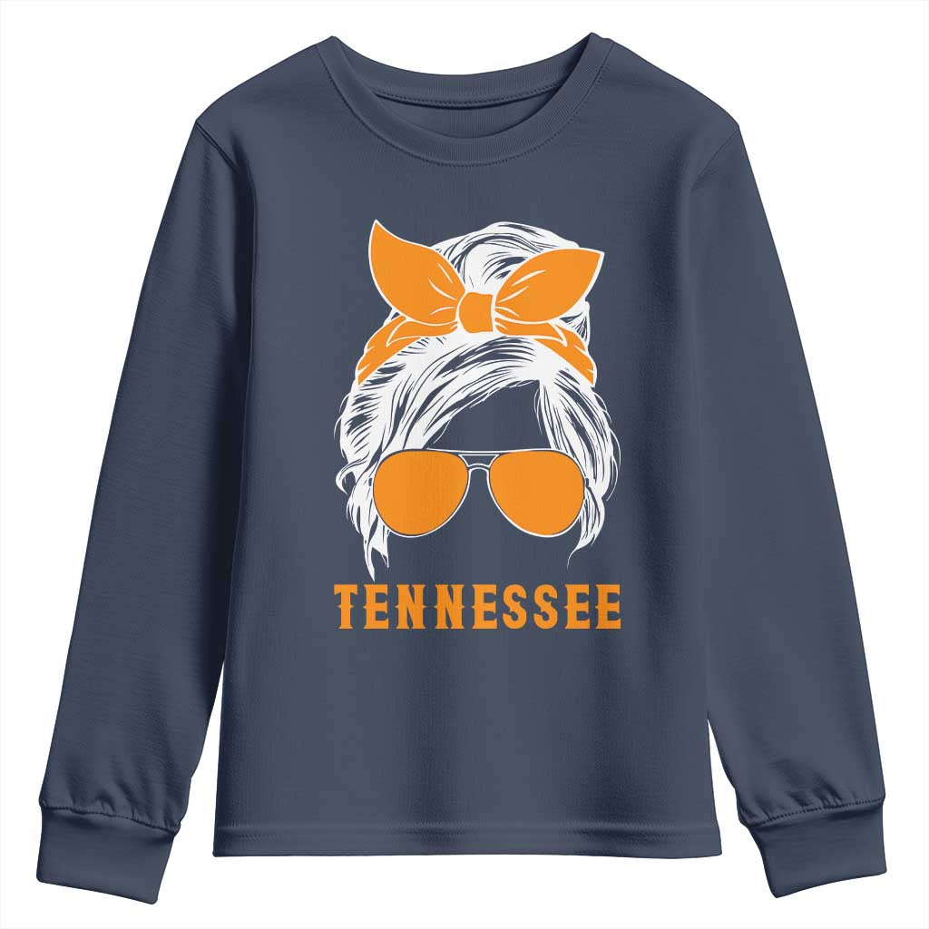 Tennessee Fan Youth Sweatshirt Volunteers College Football Lover Game Day Messy Bun TS10 Navy Print Your Wear