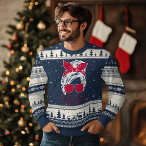 Alabama Fan Ugly Christmas Sweater Bama Football Lover Game Day Messy Bun TS10 Navy Beige Print Your Wear