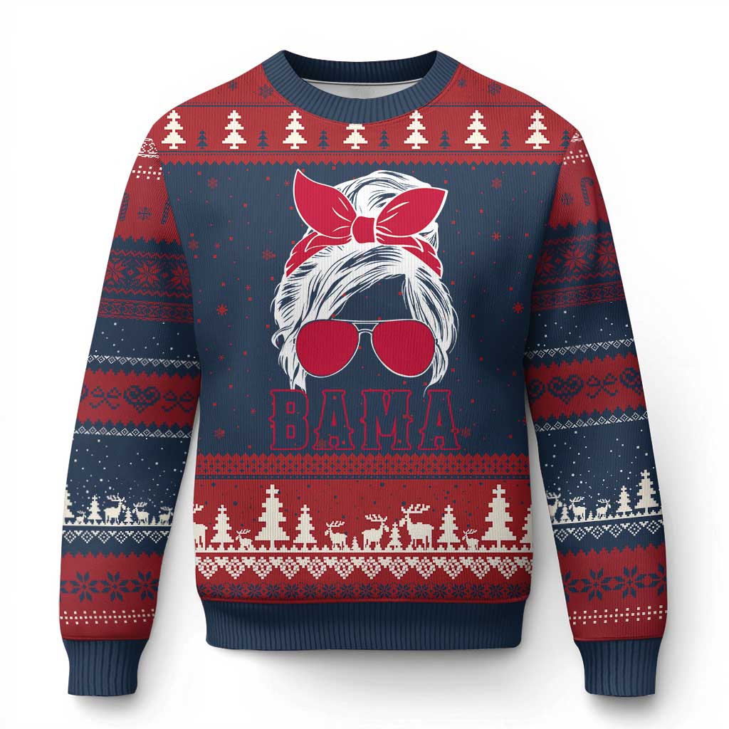 Alabama Fan Ugly Christmas Sweater Bama Football Lover Game Day Messy Bun TS10 Navy Red Print Your Wear