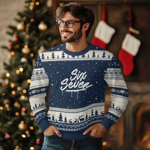Fun Six Seven Meme Ugly Christmas Sweater Funny 6 7 Meme Gen Alpha Slang Streetwear TS10 Navy Beige Print Your Wear
