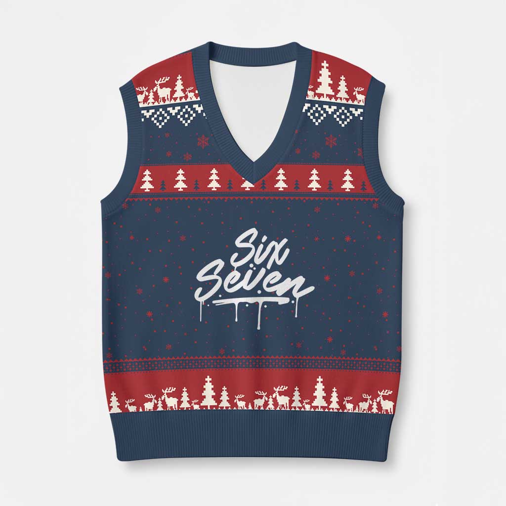 Fun Six Seven Meme V-Neck Knit Sweater Vest Funny 6 7 Meme Gen Alpha Slang Streetwear TS10 Navy Red Print Your Wear