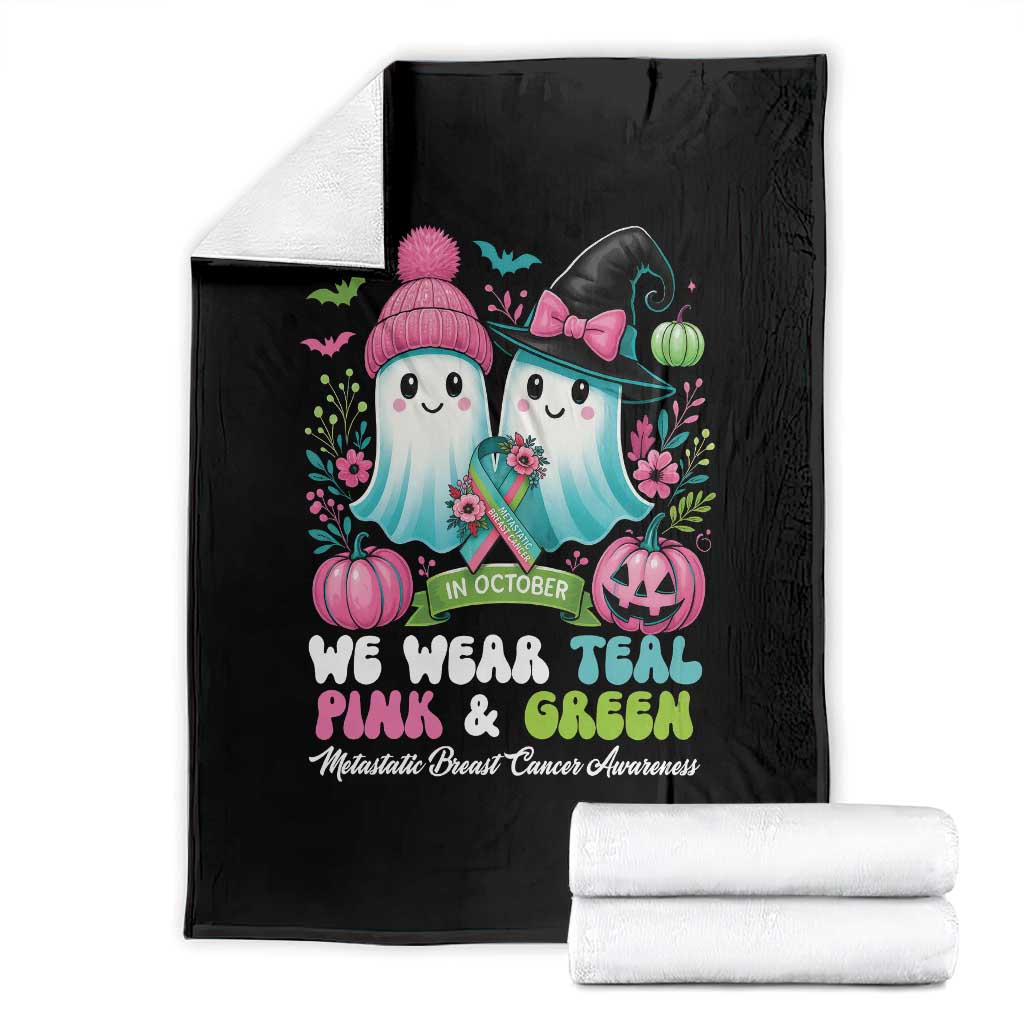 Metastatic Breast Cancer Awareness Ghost Throw Blanket Halloween Green Teal Pink Ribbon TS10 Black Print Your Wear