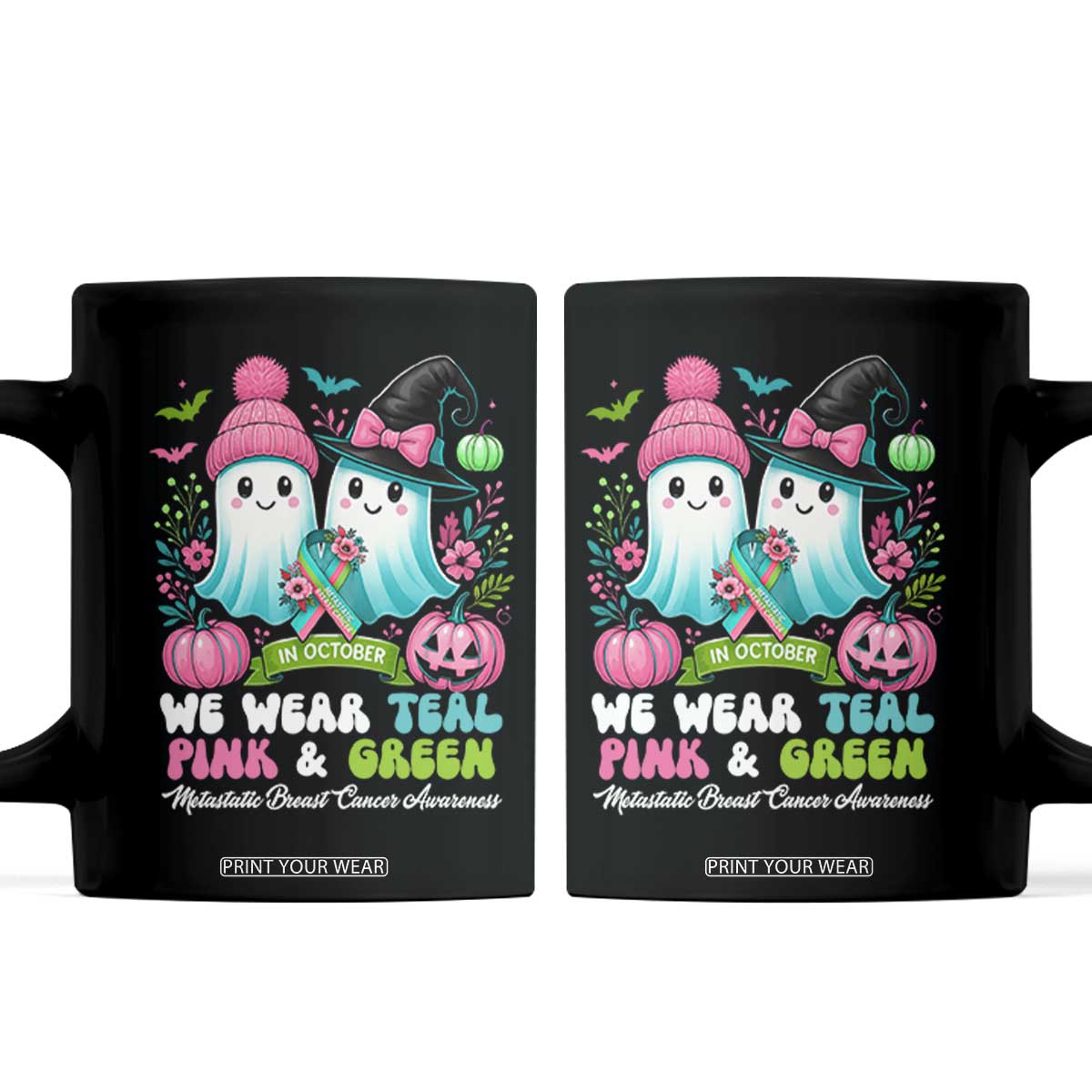 Metastatic Breast Cancer Awareness Ghost Coffee Mug Halloween Green Teal Pink Ribbon TS10 Black Print Your Wear