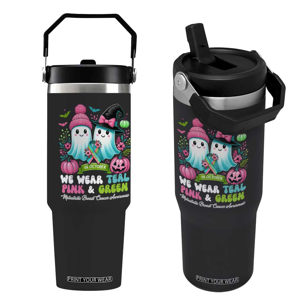Metastatic Breast Cancer Awareness Ghost Flip Straw Tumbler Halloween Green Teal Pink Ribbon TS10 One Size: 30 oz Black Print Your Wear