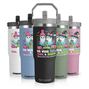 Metastatic Breast Cancer Awareness Ghost Flip Straw Tumbler Halloween Green Teal Pink Ribbon TS10 Print Your Wear