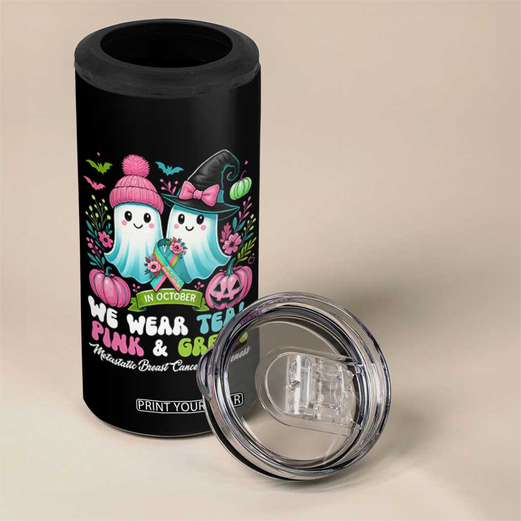 Metastatic Breast Cancer Awareness Ghost 4 in 1 Can Cooler Tumbler Halloween Green Teal Pink Ribbon TS10 Print Your Wear