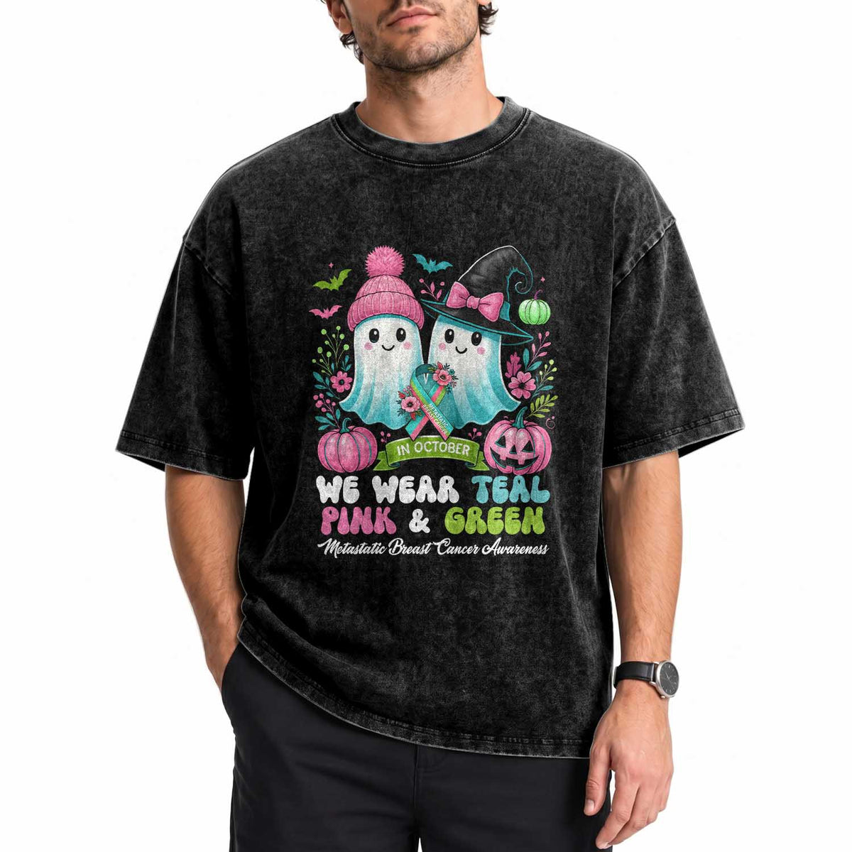 Metastatic Breast Cancer Awareness Ghost Washed Cotton T-Shirt Halloween Green Teal Pink Ribbon