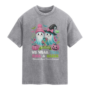 Metastatic Breast Cancer Awareness Ghost Washed Cotton T-Shirt Halloween Green Teal Pink Ribbon