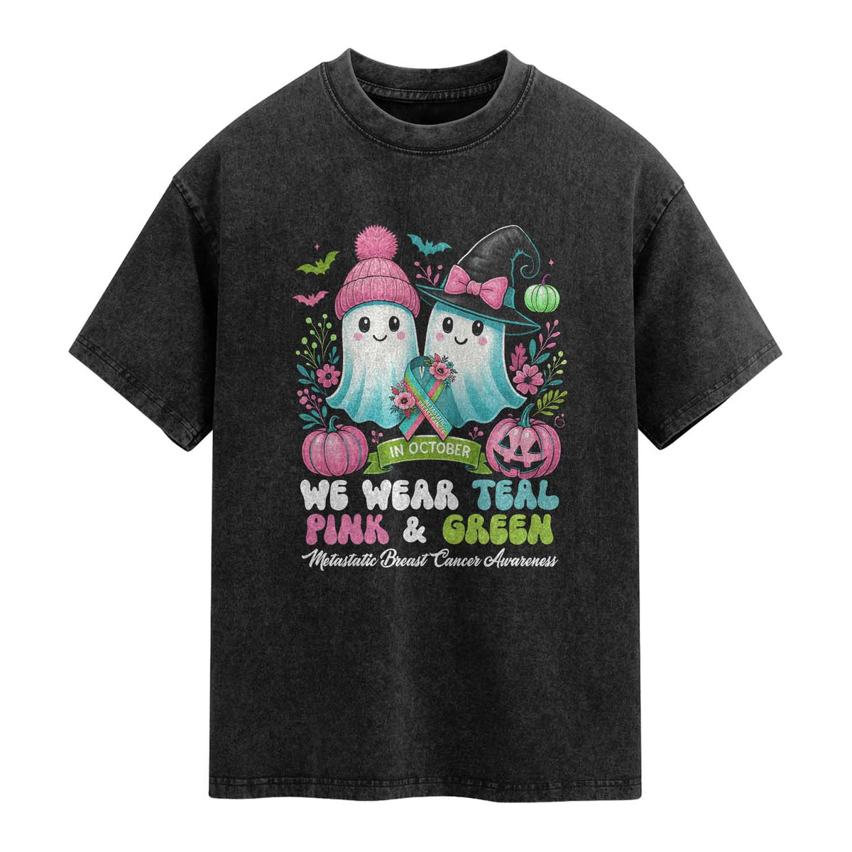 Metastatic Breast Cancer Awareness Ghost Washed Cotton T-Shirt Halloween Green Teal Pink Ribbon