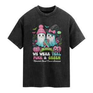 Metastatic Breast Cancer Awareness Ghost Washed Cotton T-Shirt Halloween Green Teal Pink Ribbon