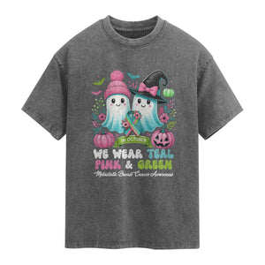 Metastatic Breast Cancer Awareness Ghost Washed Cotton T-Shirt Halloween Green Teal Pink Ribbon