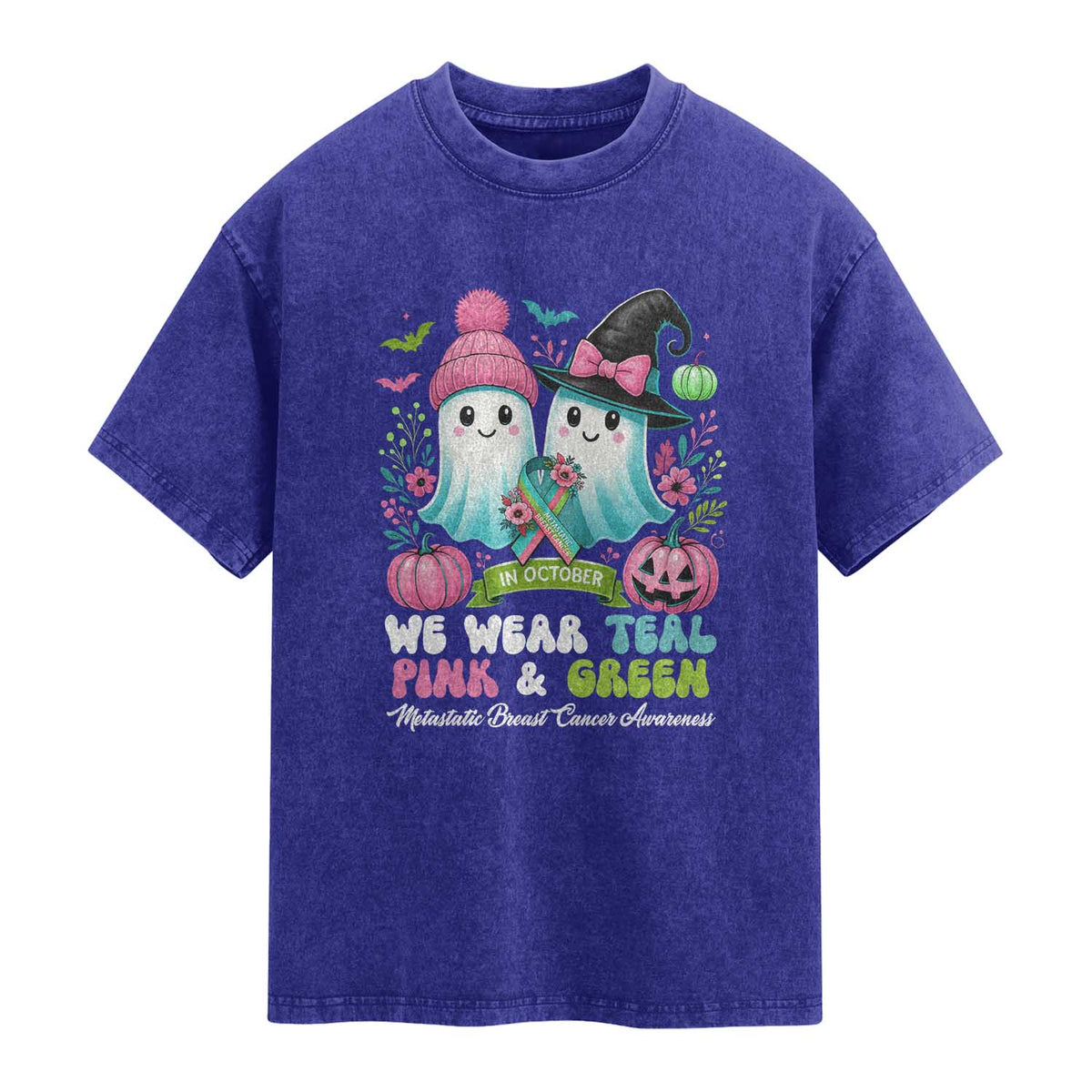 Metastatic Breast Cancer Awareness Ghost Washed Cotton T-Shirt Halloween Green Teal Pink Ribbon